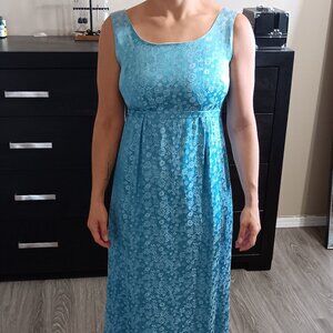 Vintage Blue Silver Formal Floral Sleeveless Dress 1960s 60s